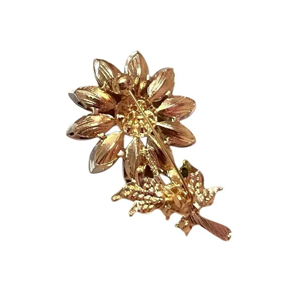 Rhinestone Green Sunflower Gold Tone Brooch